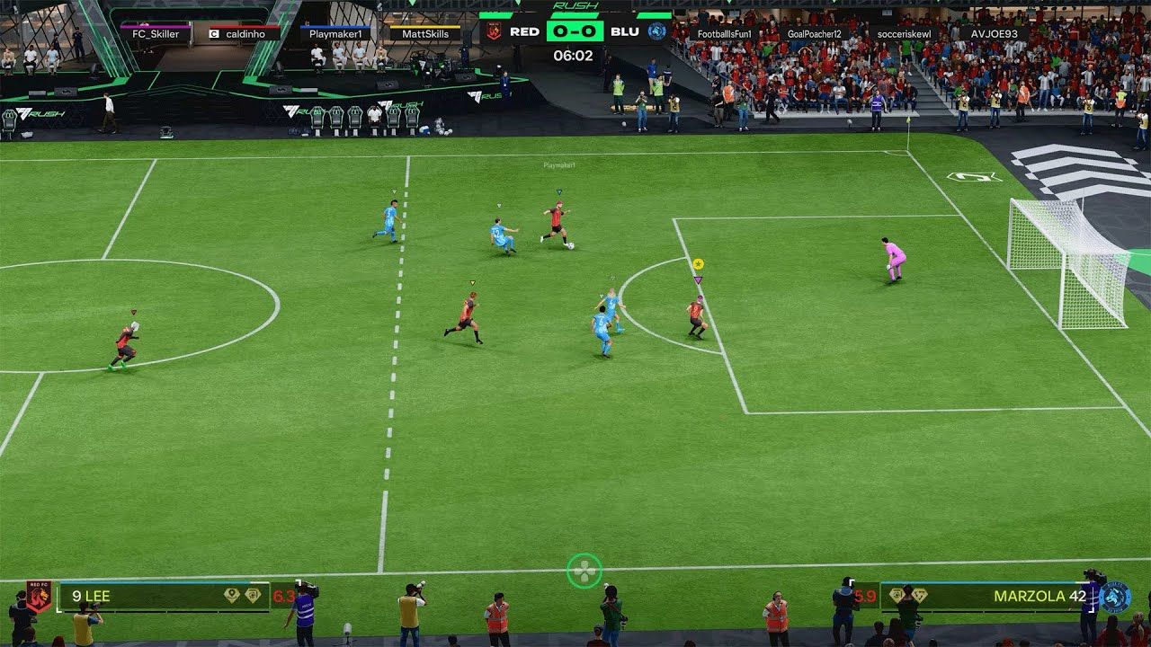 Screenshot taken from the game EA Sports FC 25 showing the small Rush Mode pitch.