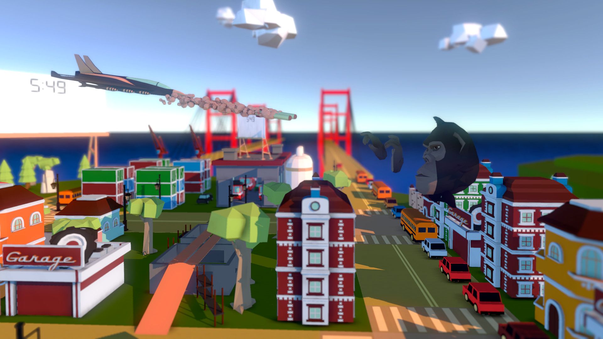 A huge gorilla destroying a city while a jet fighter is attacking it with rockets