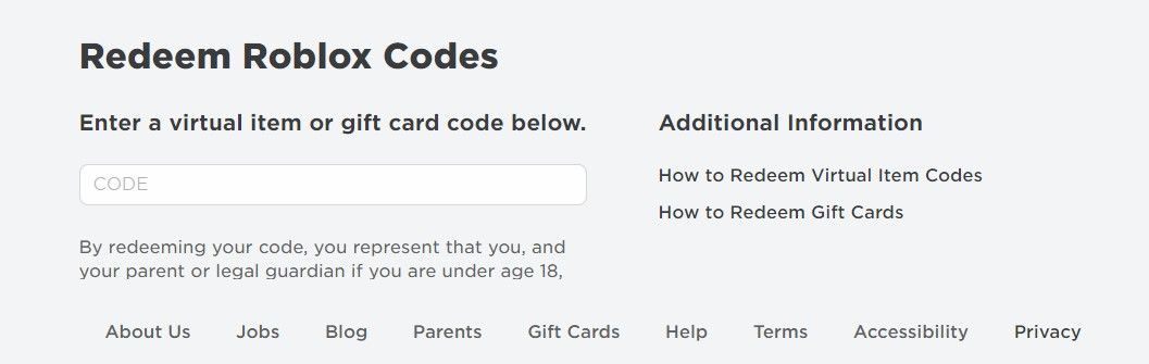 Redeem gift card page for Roblox