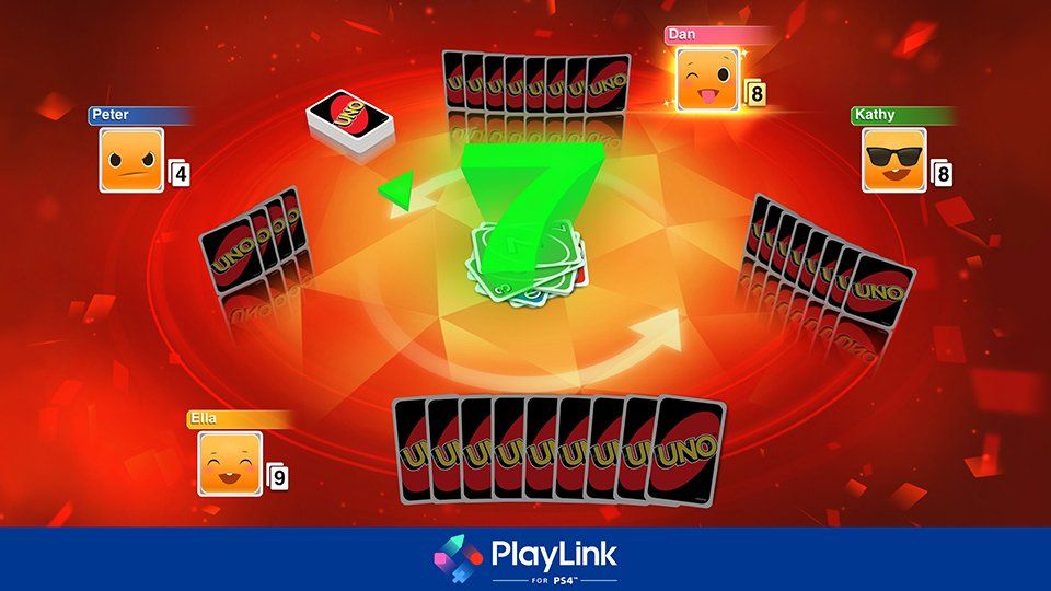 Four players pulling their Uno cards on a red play field