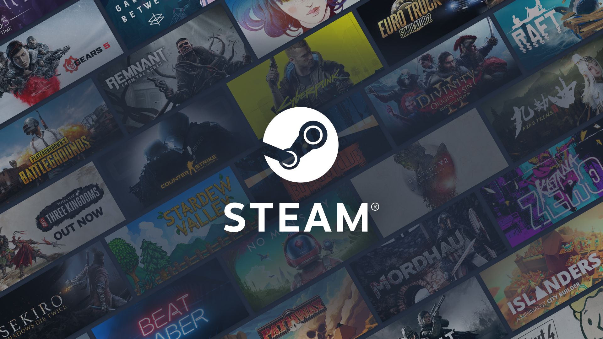 Logo Steam na pierwszym planie z banerami gier w tle