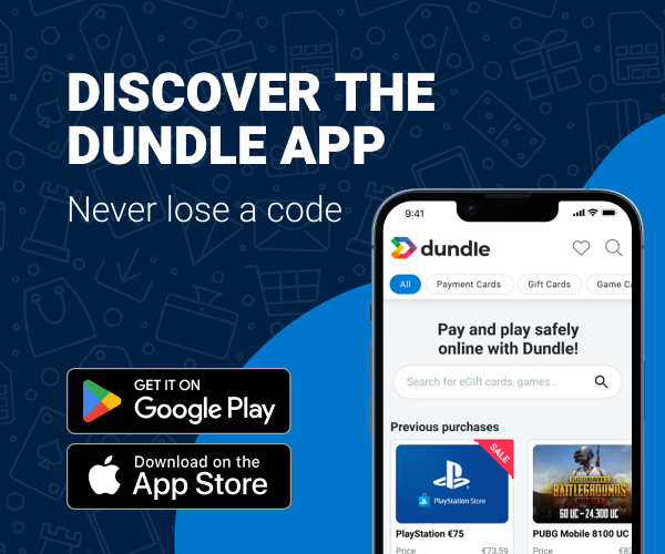 A phone screen with the dundle homepage on a mixed light blue and dark blue background. On the left there are download buttons for Android and Apple.