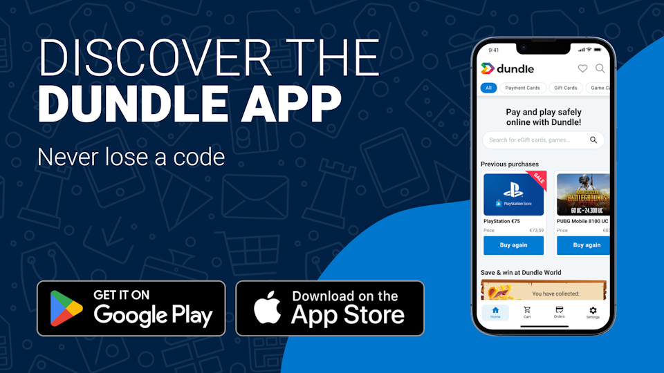 A phone screen with the dundle homepage on a mixed light blue and dark blue background. On the left there are download buttons for Android and Apple.