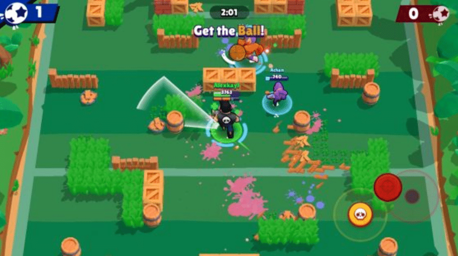 In game image of Brawl Stars, with three characters in sight on a pitch, with the message “Get the Ball!” appearing on screen under the timer.