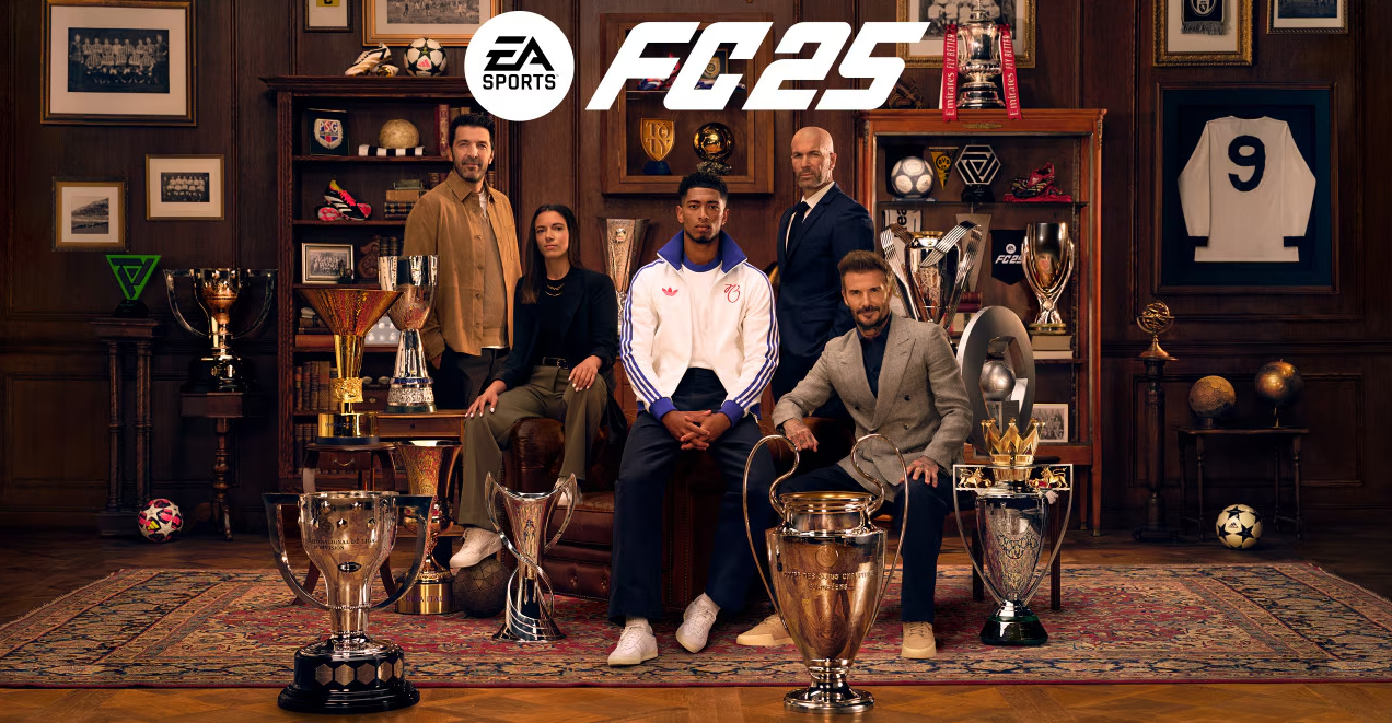 Werbematerial der Ultimate Edition mit dem EA Sports FC 25-Logo und den 5 Spielern Gianluigi Buffon, Aitana Bonmatí, Jude Bellingham, Zinédine Zidane und David Beckham in einem Trophäenraum.