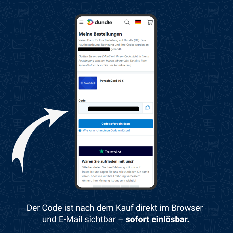 Screenshot auf der dundle-Website, die die erfolgreiche Bestellung einer PaysafeCard zeigt. Das Produkt ist sichtbar sowie der Code.