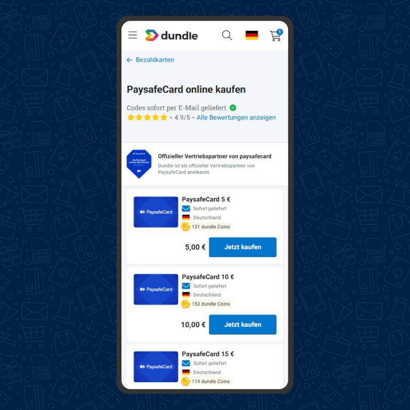 Screenshot der PaysafeCard-Produktseite auf der dundle-Website.