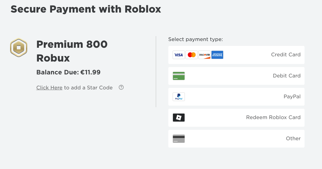 Payment methods page of Robux
