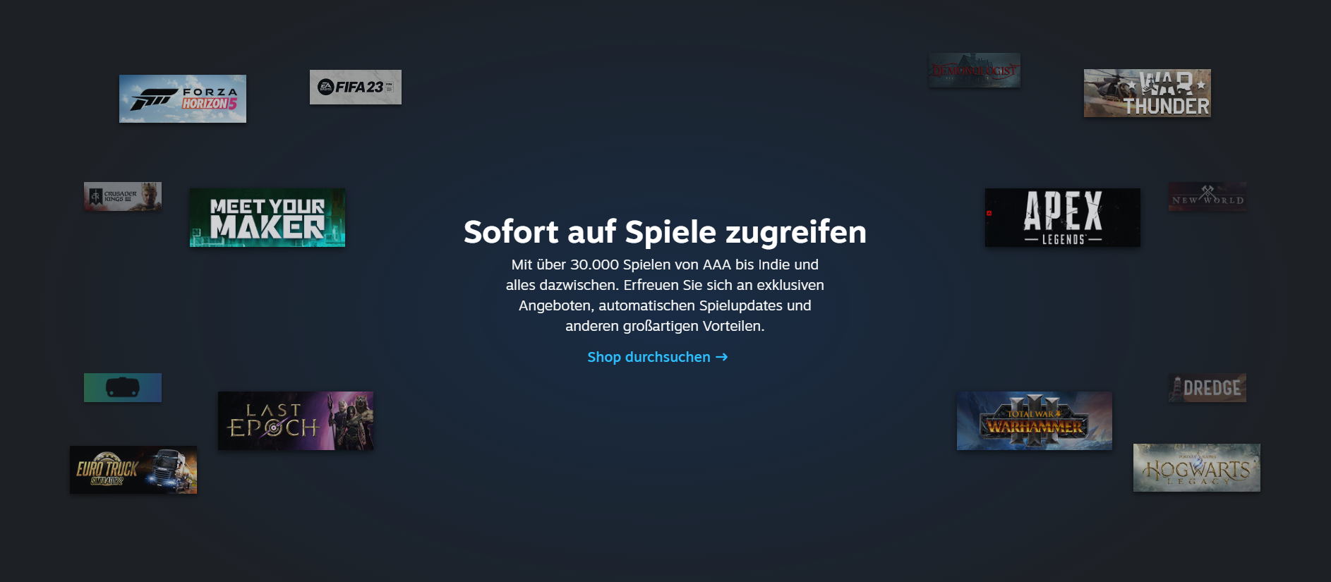 Informationen zu Steam mit diversen Spiele-Bannern wie Hogwarts Legacy, FIFA 23 und Apex Legends.